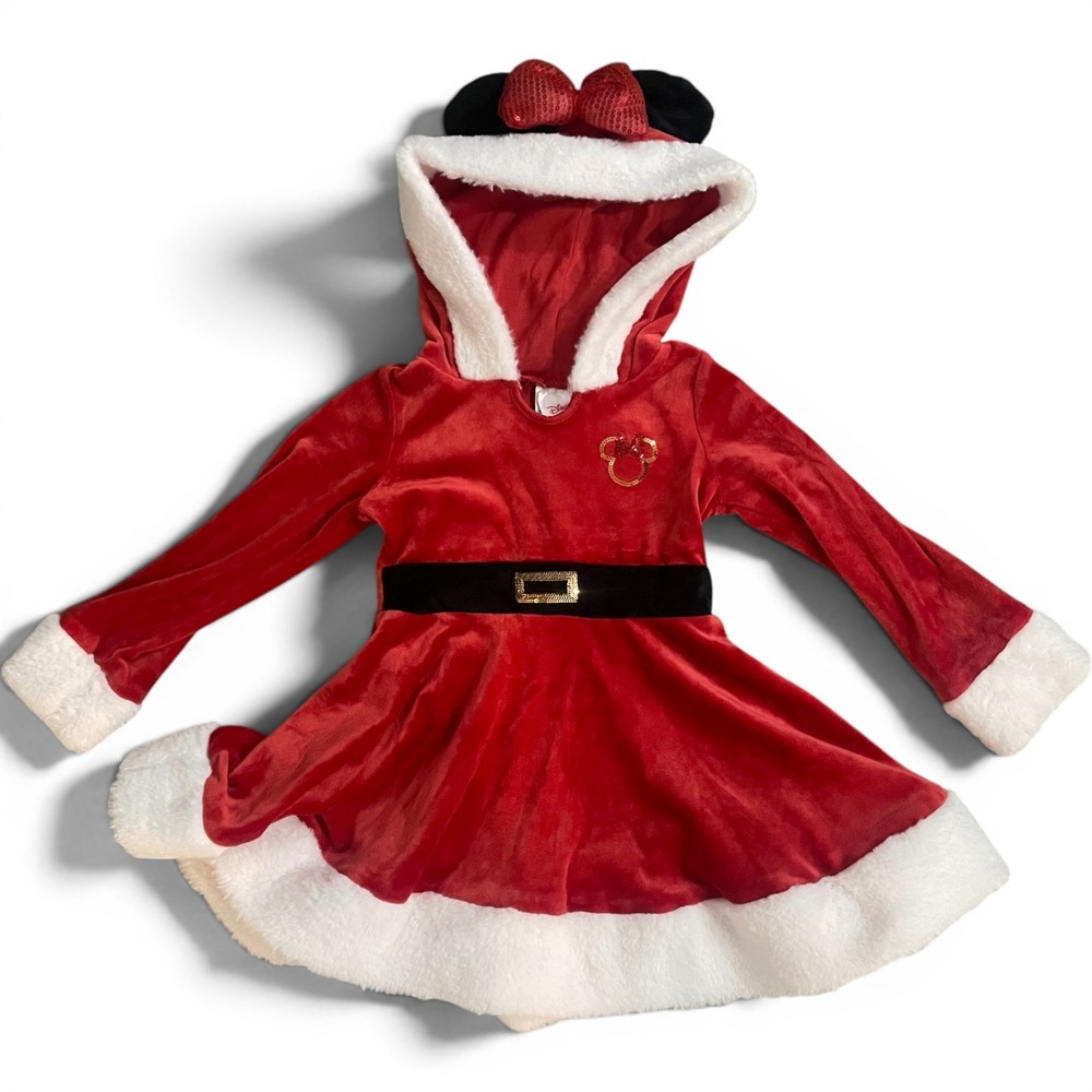 Disney Minnie Mouse Santa Mrs Claus Dress Girls 3T Red Velour Hooded Christmas
